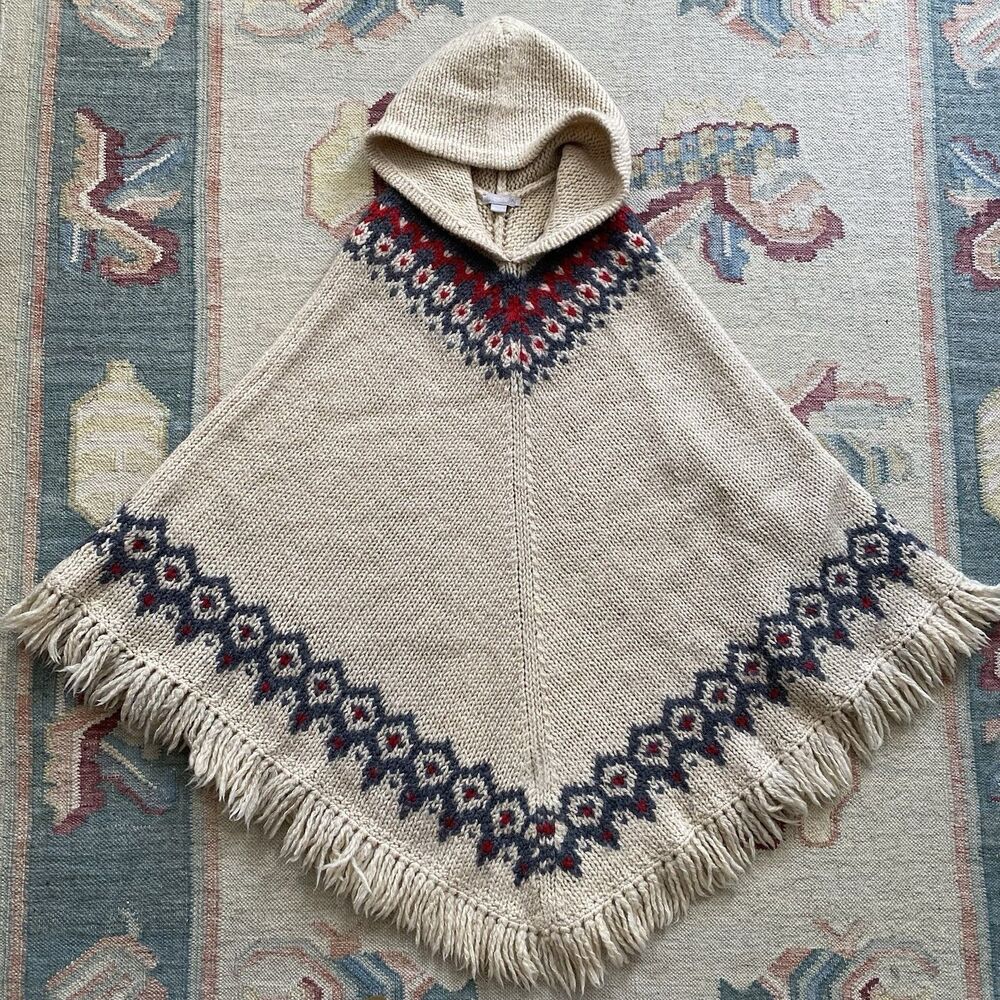 Vintage J Crew Wool Poncho Medium Large 90s Hooded Fringe